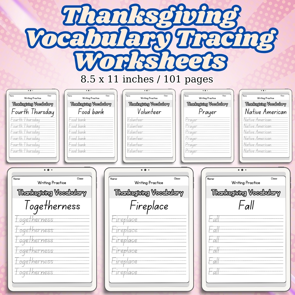 Thanksgiving Vocabulary Tracing Worksheets