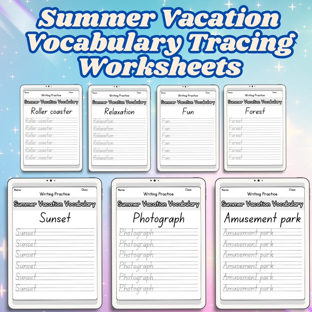 Summer Vacation Vocabulary Tracing Worksheets