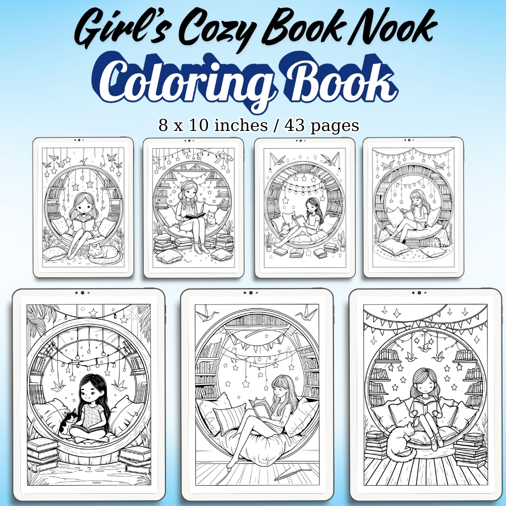 Girl’s Cozy Book Nook Coloring Pages / Sheets of Girl’s Cozy Book Nook {Coloring Book}