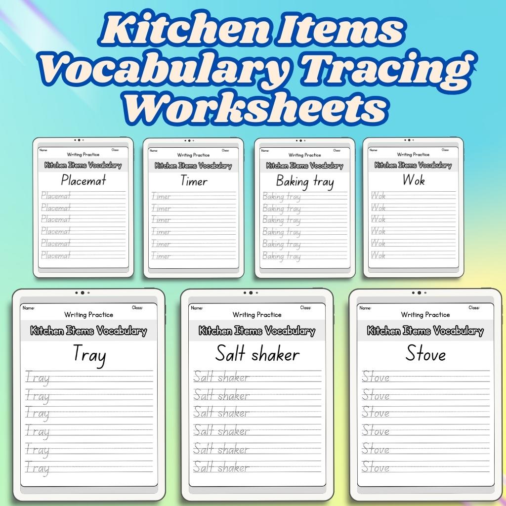 Kitchen Items Vocabulary Tracing Worksheets