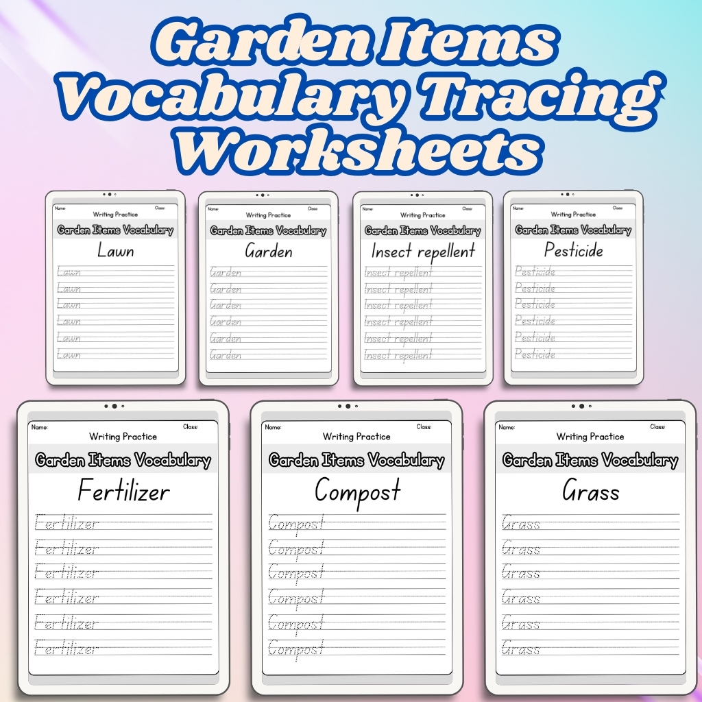 Garden Items Vocabulary Tracing Worksheets