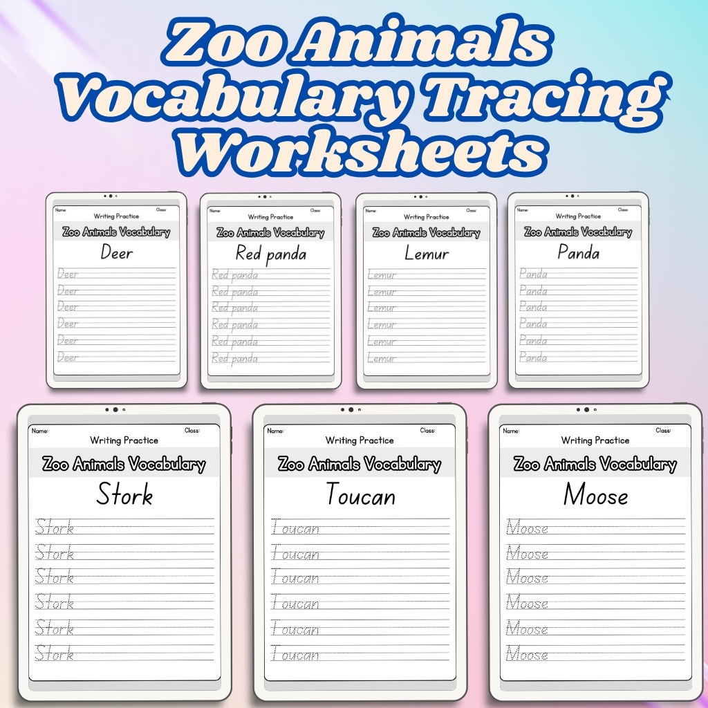 Zoo Animals Vocabulary Tracing Worksheets