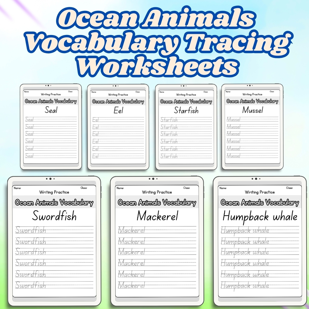 Ocean Animals Vocabulary Tracing Worksheets
