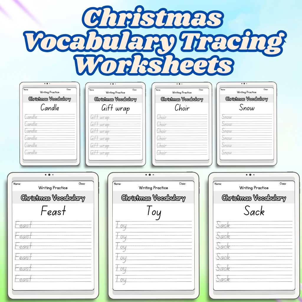 Christmas Vocabulary Tracing Worksheets