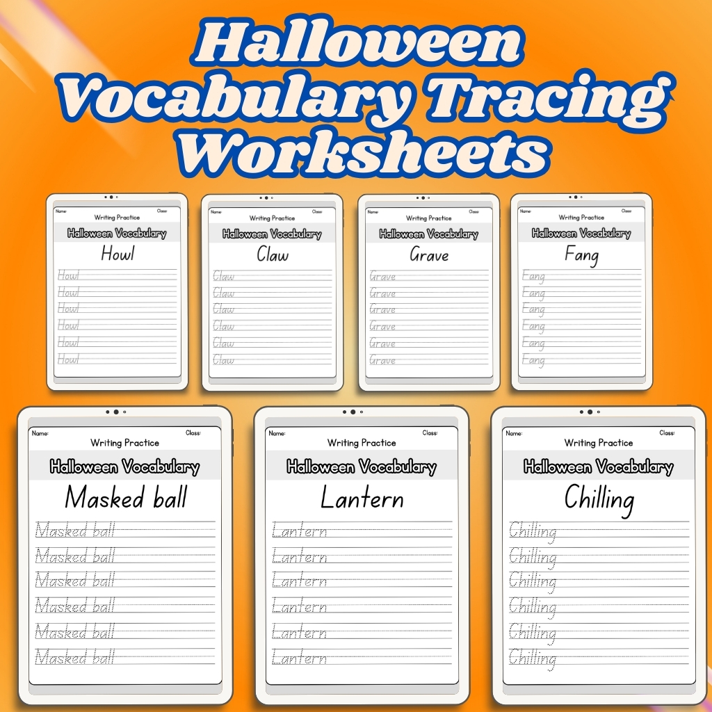 Halloween Vocabulary Tracing Worksheets