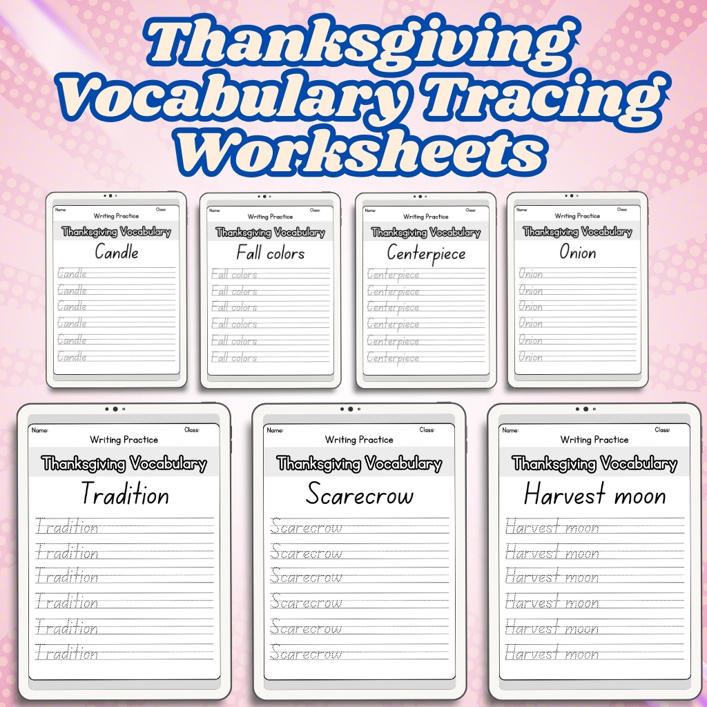 Thanksgiving Vocabulary Tracing Worksheets