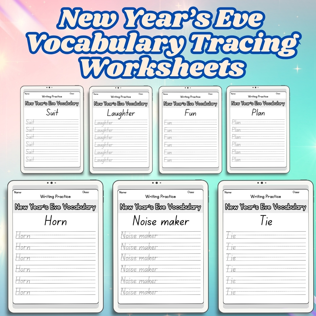 New Year’s Eve Vocabulary Tracing Worksheets
