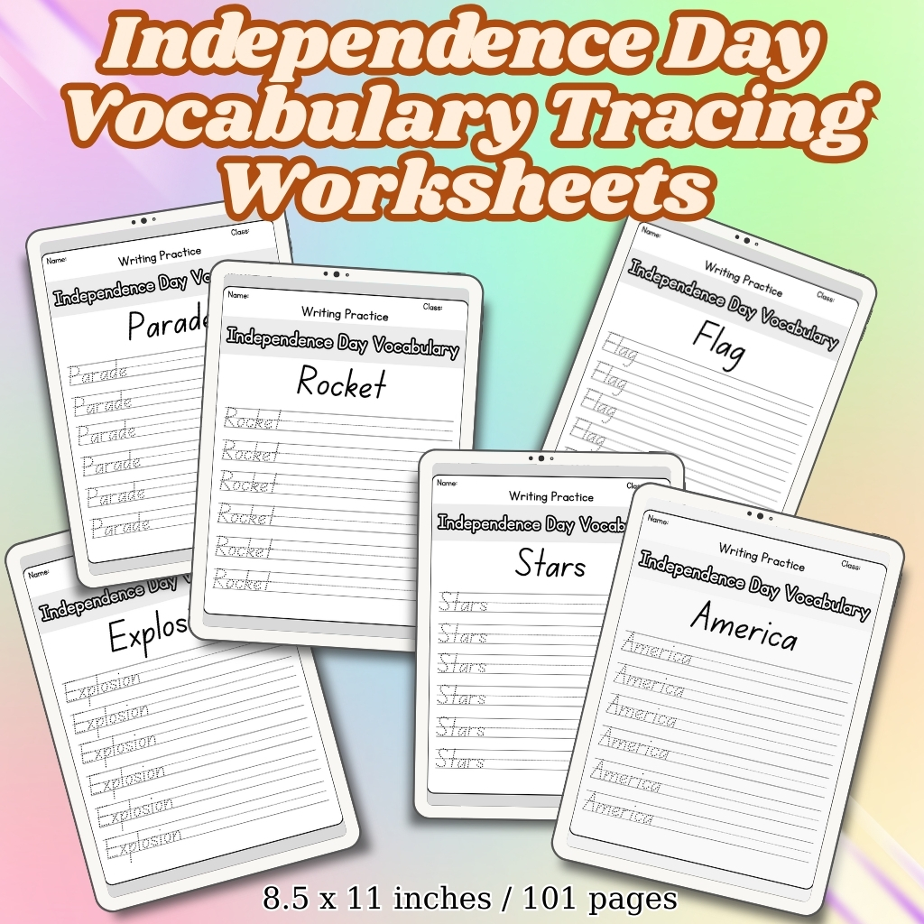 Independence Day Vocabulary Tracing Worksheets