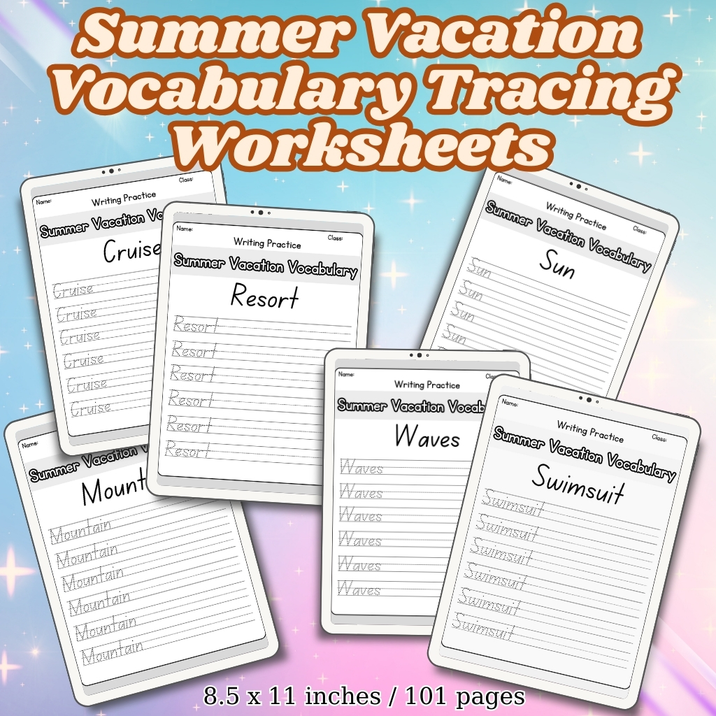 Summer Vacation Vocabulary Tracing Worksheets