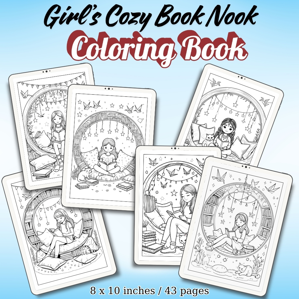 Girl’s Cozy Book Nook Coloring Pages / Sheets of Girl’s Cozy Book Nook {Coloring Book}