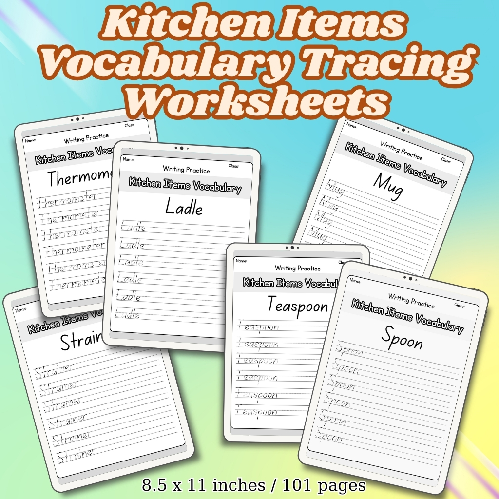 Kitchen Items Vocabulary Tracing Worksheets