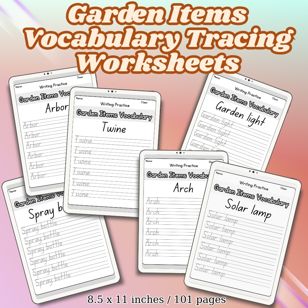 Garden Items Vocabulary Tracing Worksheets