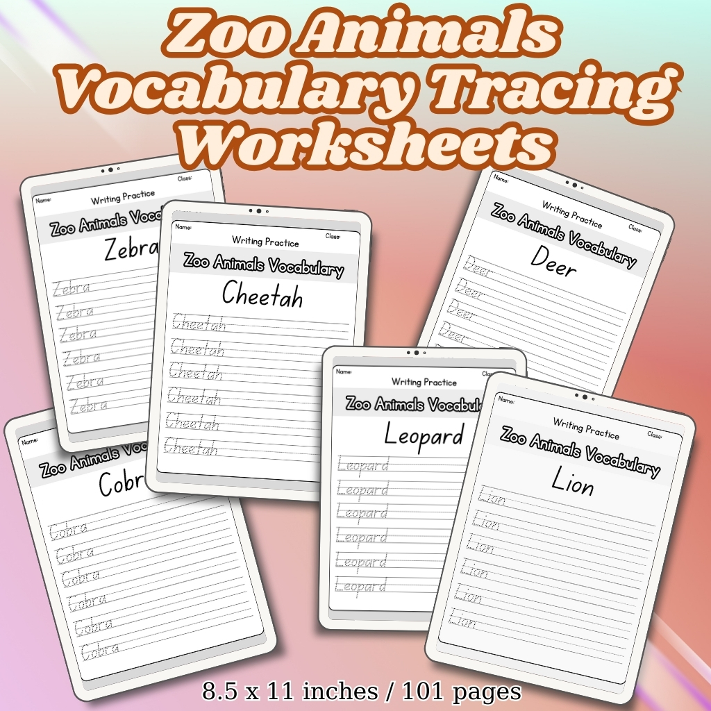 Zoo Animals Vocabulary Tracing Worksheets
