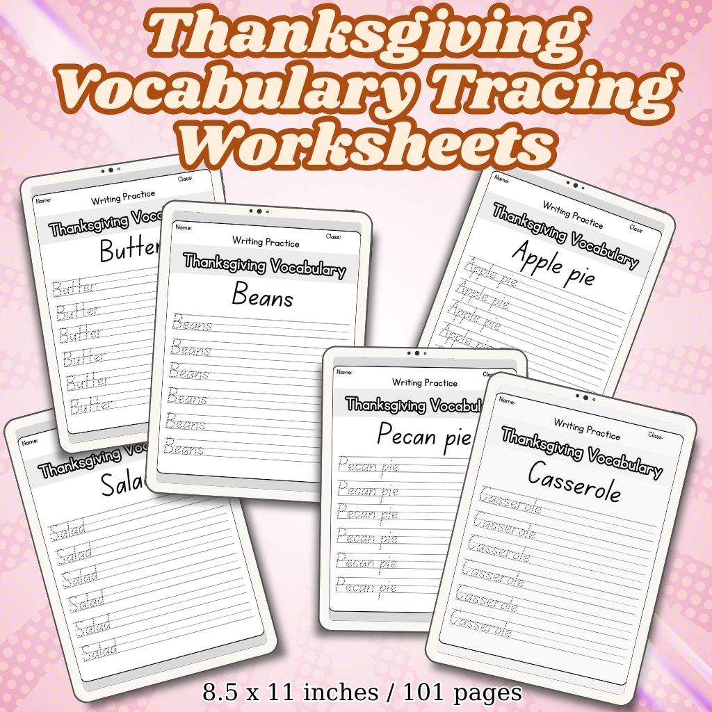 Thanksgiving Vocabulary Tracing Worksheets