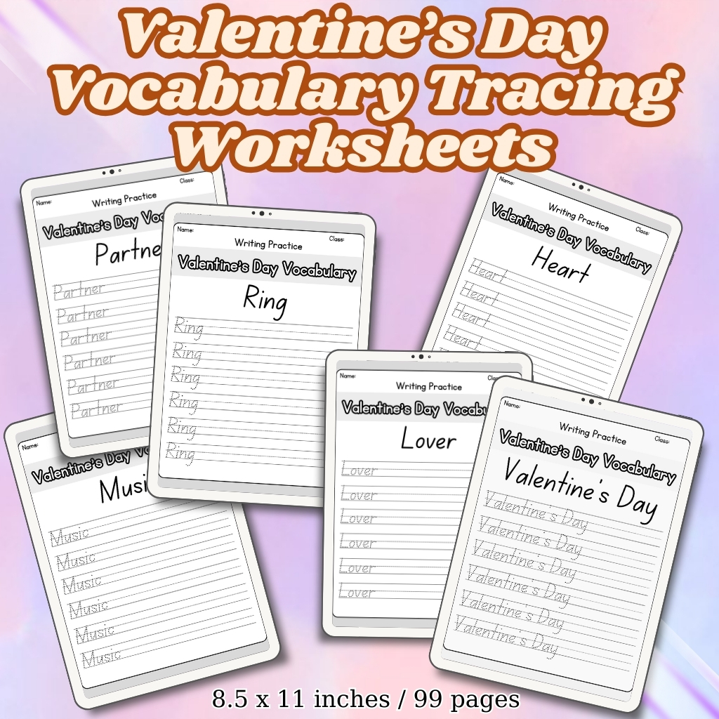 Valentine’s Day Vocabulary Tracing Worksheets