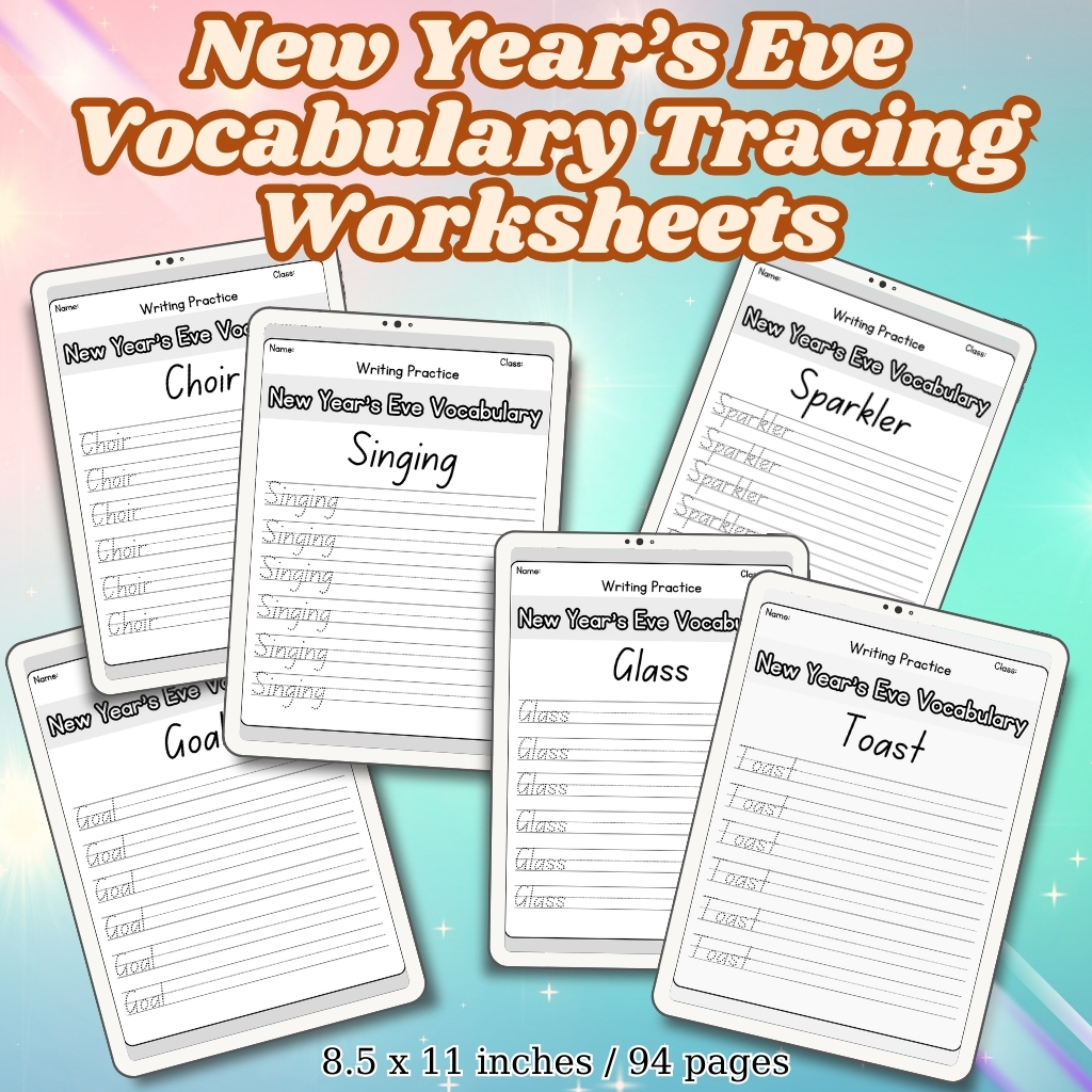 New Year’s Eve Vocabulary Tracing Worksheets