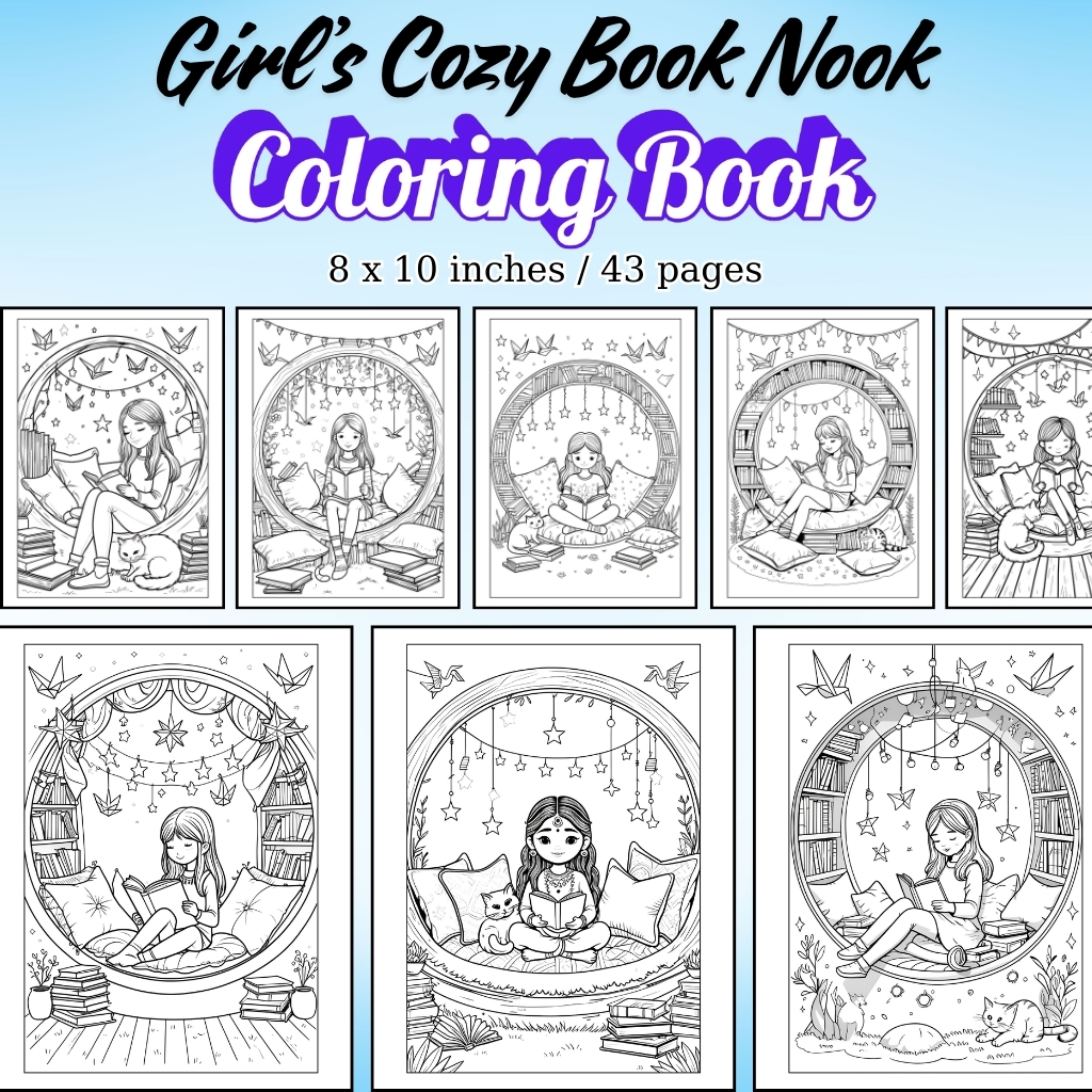Girl’s Cozy Book Nook Coloring Pages / Sheets of Girl’s Cozy Book Nook {Coloring Book}