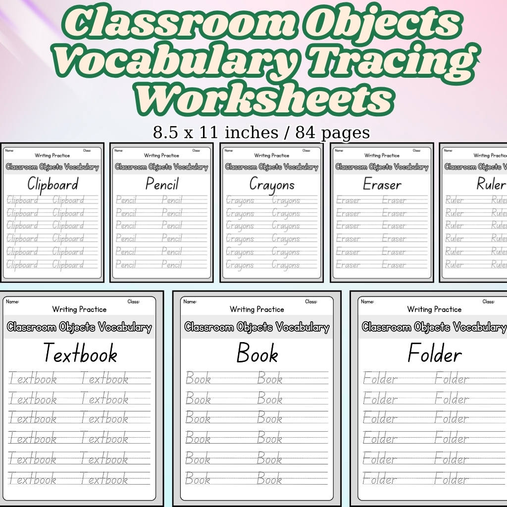Classroom Objects Vocabulary Tracing Worksheets