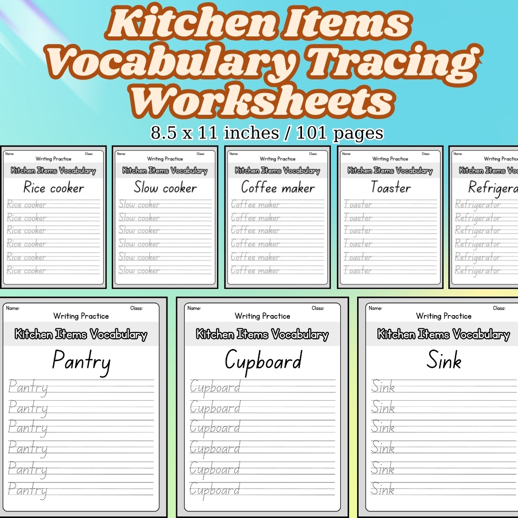 Kitchen Items Vocabulary Tracing Worksheets