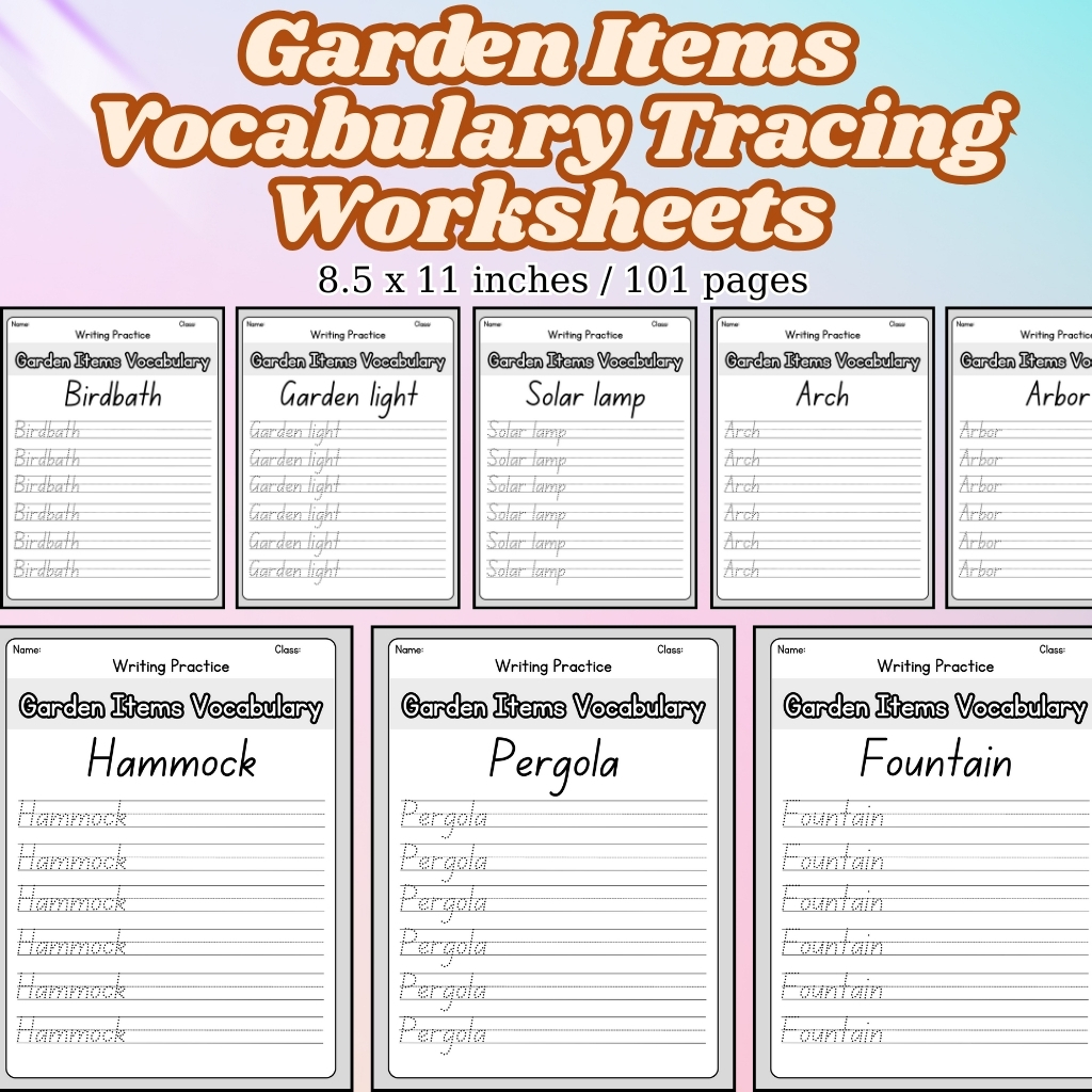 Garden Items Vocabulary Tracing Worksheets