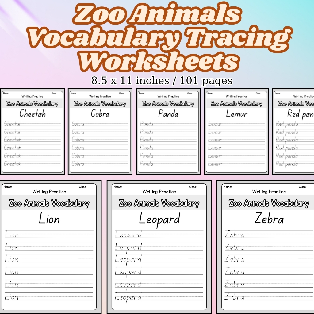 Zoo Animals Vocabulary Tracing Worksheets