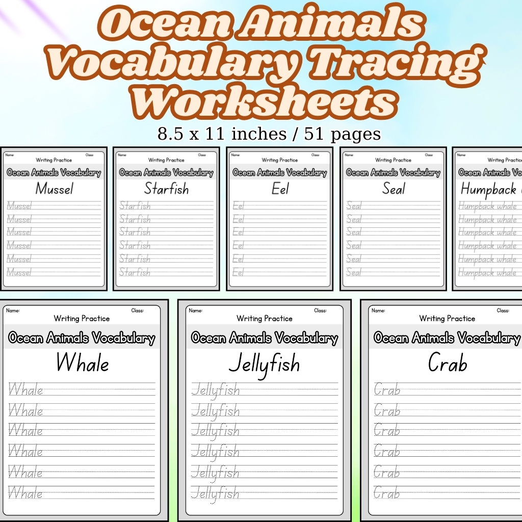 Ocean Animals Vocabulary Tracing Worksheets