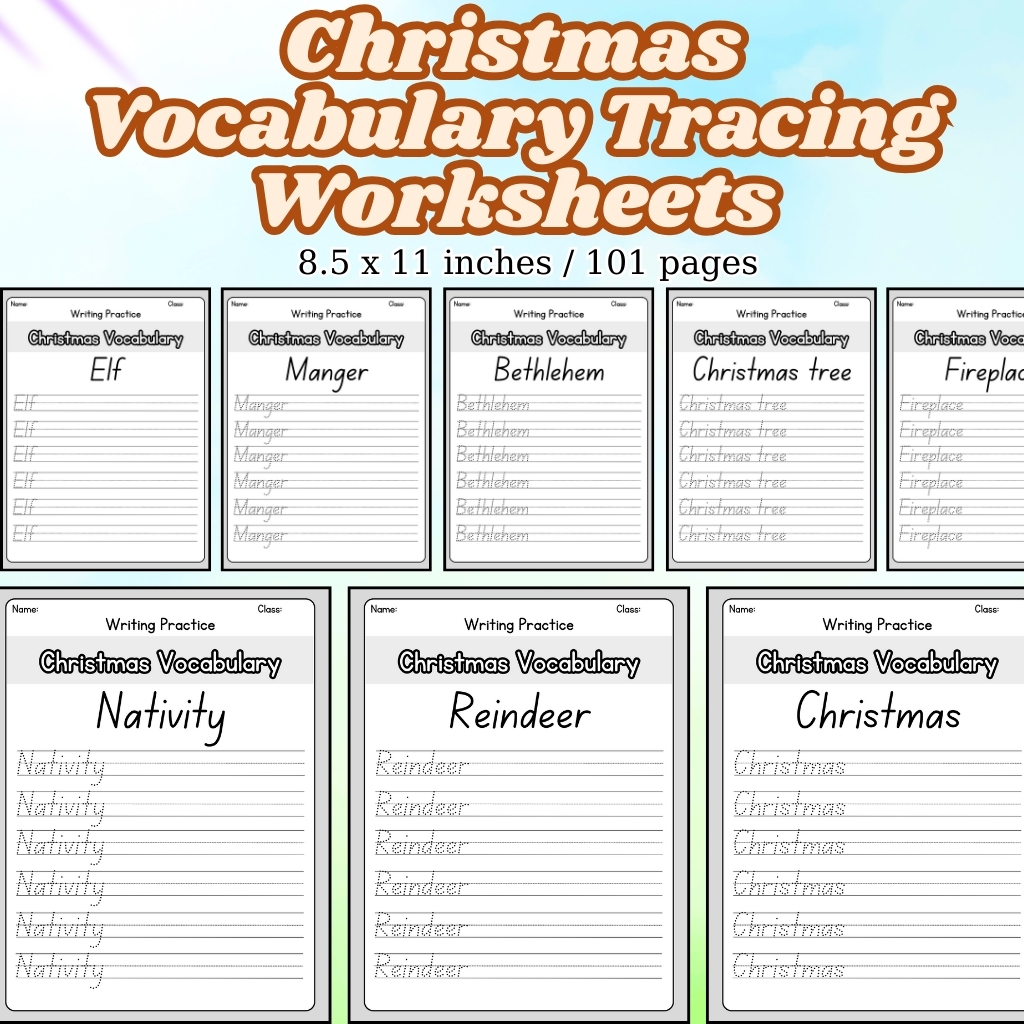 Christmas Vocabulary Tracing Worksheets