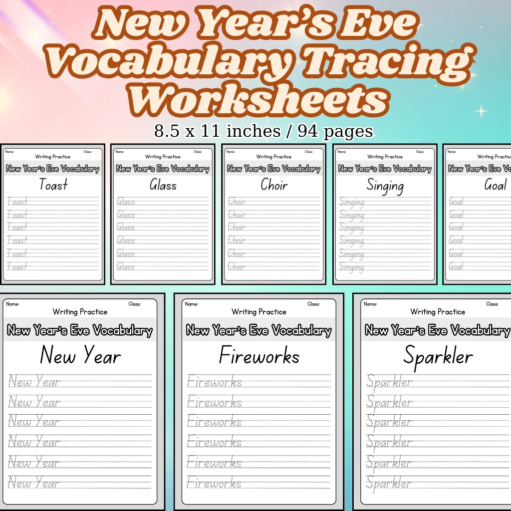 New Year’s Eve Vocabulary Tracing Worksheets