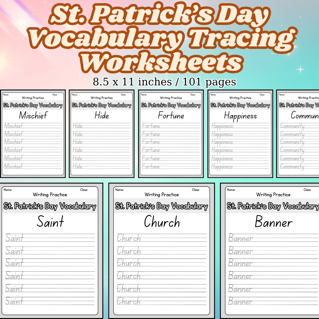 St. Patrick’s Day Vocabulary Tracing Worksheets