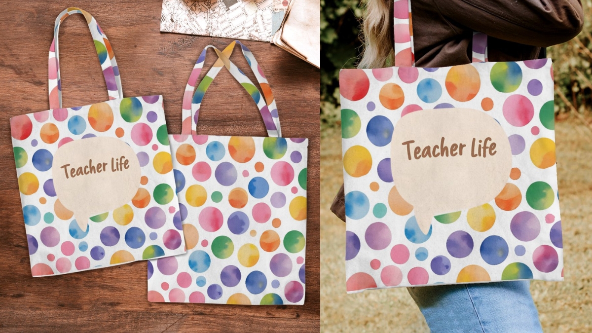 Teacher Life Watercolor Polka Dot Tote Bag – Aesthetic Classroom School Bag