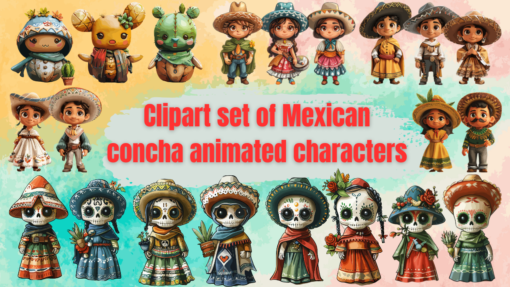 Clipart set of Mexican concha animated characters