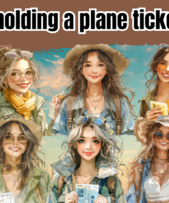 Woman holding a plane ticket clipart