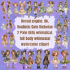 Unreal engine, 8k, Realistic Cute Victorian 2 Pixie Girls whimsical, full body whimsical watercolor clipart