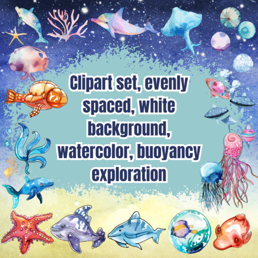 Clipart set, evenly spaced, white background, watercolor, buoyancy exploration