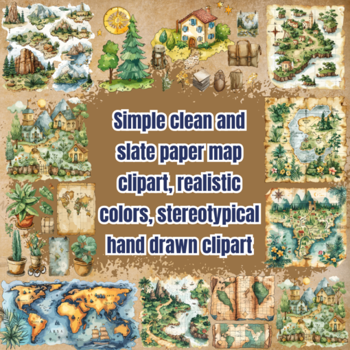 Simple clean and slate paper map clipart, realistic colors, stereotypical hand drawn clipart