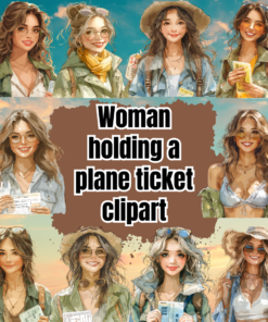 Woman holding a plane ticket clipart