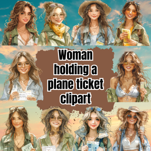 Woman holding a plane ticket clipart