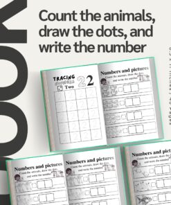 Math Workbook: Count the animals, draw the dots, and write the number