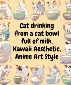 Cat drinking from a cat bowl full of milk, Kawaii Aesthetic, Anime Art Style