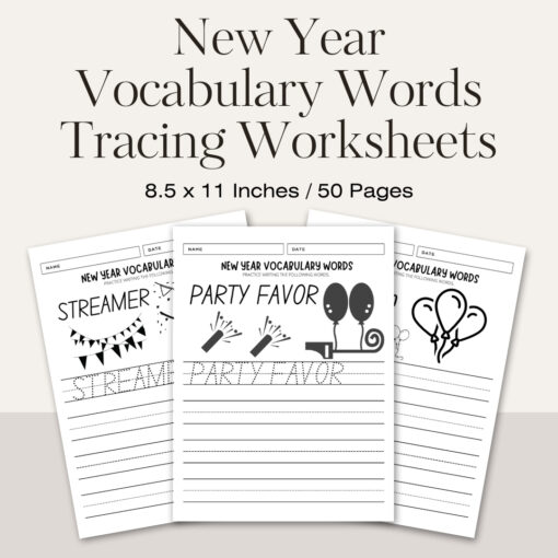 New Year Vocabulary Words Tracing Worksheets / Editable Canva Template