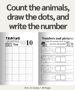 Math Workbook: Count the animals, draw the dots, and write the number