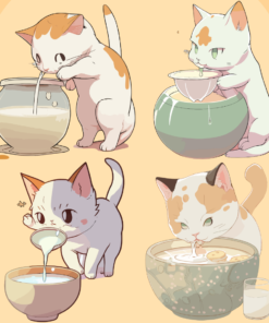 Cat drinking from a cat bowl full of milk, Kawaii Aesthetic, Anime Art Style