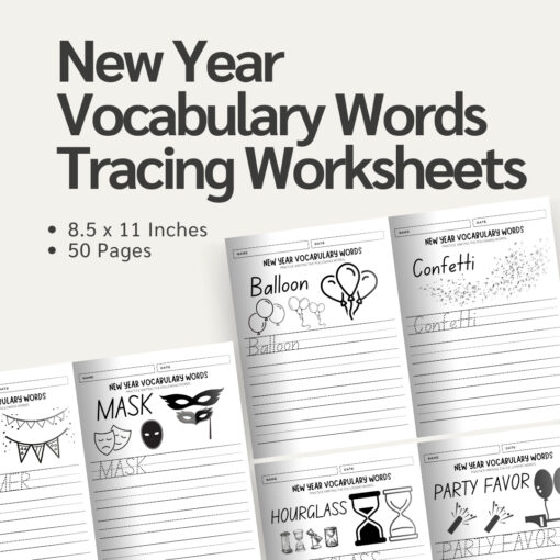 New Year Vocabulary Words Tracing Worksheets / Editable Canva Template