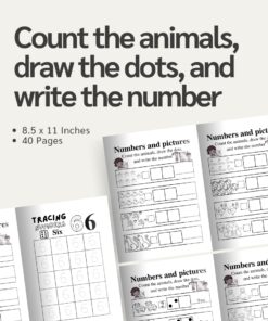 Math Workbook: Count the animals, draw the dots, and write the number