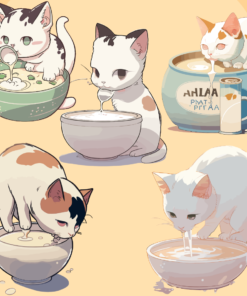 Cat drinking from a cat bowl full of milk, Kawaii Aesthetic, Anime Art Style