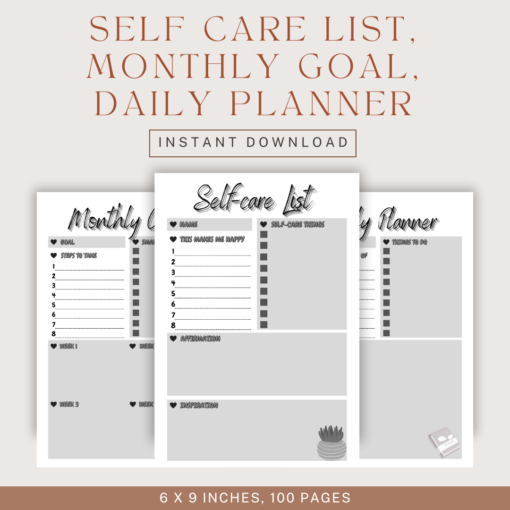 Self Care List, Monthly Goal, Daily Planner / Editable Canva Template