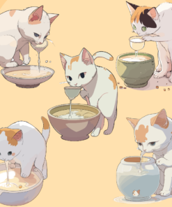 Cat drinking from a cat bowl full of milk, Kawaii Aesthetic, Anime Art Style