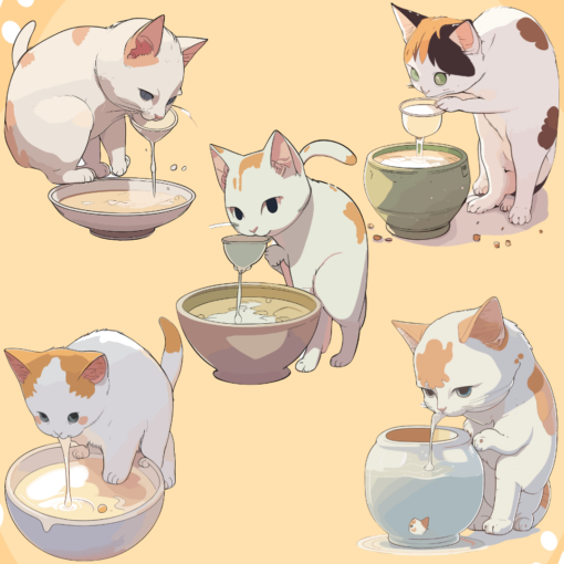 Cat drinking from a cat bowl full of milk, Kawaii Aesthetic, Anime Art Style