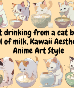 Cat drinking from a cat bowl full of milk, Kawaii Aesthetic, Anime Art Style