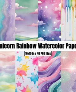 Unicorn Rainbow Watercolor Paper - Digital Paper Clip Art